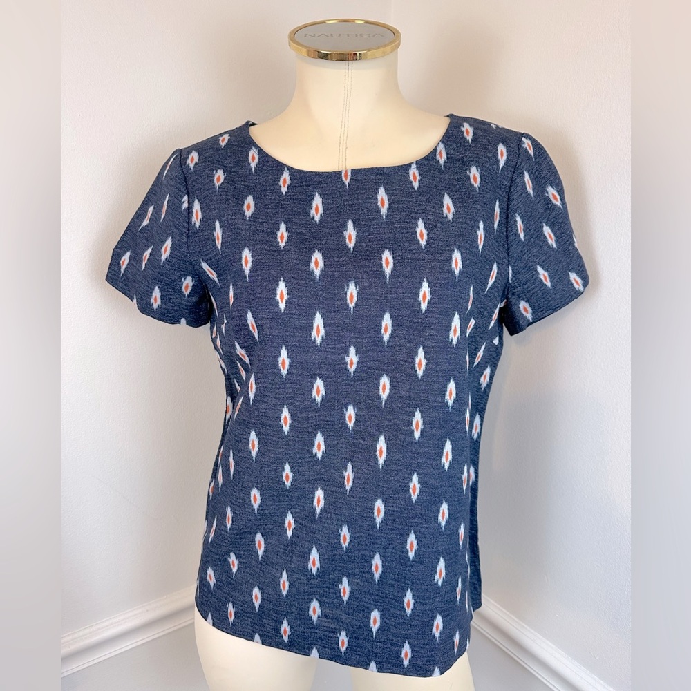 J. CREW Blue Chambray Short Sleeve Ikat Print Linen Blend Top NWT | Size XS